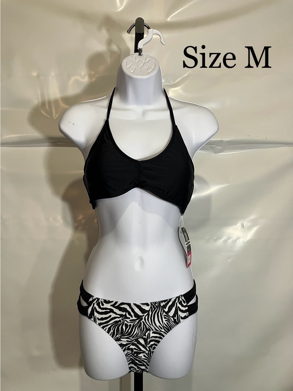 Women’s Black Halter Bikini Top with Zebra Print Briefs Size Medium